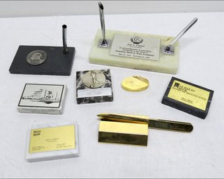 A Grouping Of Vintage Desktop Pen Holders In Granite, Marble, Slate And Brass