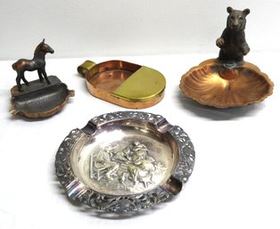 Group Of 4 Figural Ashtrays In Silverplate, Brass And Spelter/slush Metal