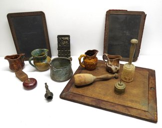 Early Country Primitives Lot, Wooden, Stoneware And More