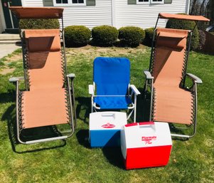 Outdoor Recreation Lot: Zero Gravity Canopy Chairs, Beach Chair & Igloo Coolers