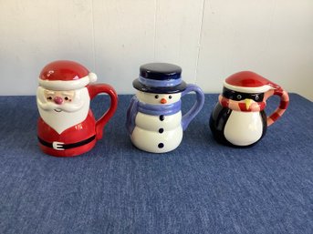 ND Hand Painted Holiday Lidded Mugs Lot Of 3- Santa Snowman And Penguin