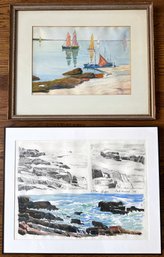 Andorka Original Watercolor Painting Of Saliboats & Mark Howard Original Watercolor Painting