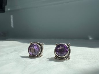 Sterling Silver Stud Earrings Featuring Purple Amethyst