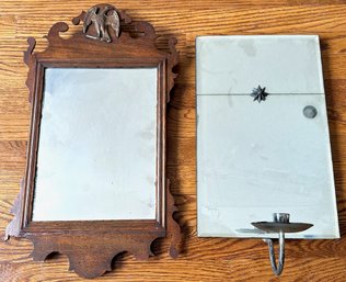 Antique Chippendale Mirror With Eagle Crest & Indonesian Mirror With Candle Holder