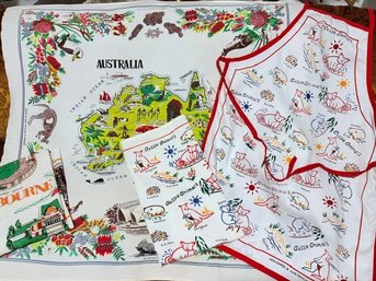 Grouping Of Australian Souvenir Linens Including Apron