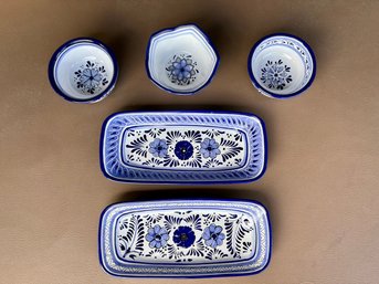 Blue & White Mexican Glazed Terra Cotta Small Serving Dishes