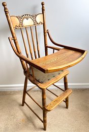 Antique Baby High Chair Soid Carved Wood With Leather Seat
