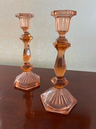 Pair Of Vintage Pink Depression Glass Candlestick Holders  Hex Base & Faceted Stem
