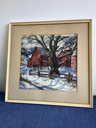 Framed Watercolor Winter Barn Scene