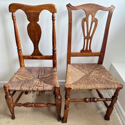 2 Antique Chippendale Chairs With Rush Seats