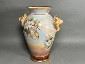 Antique Delinieres & Company Limoges France Lion Handled Hand Painted Porcelain Floral Vase