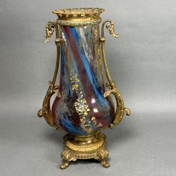 Stunning Antique Glass Vase Encased In Bronzed Frame