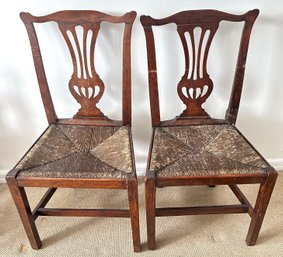 Pair  Antique Chippendale Chairs With Rush Seats