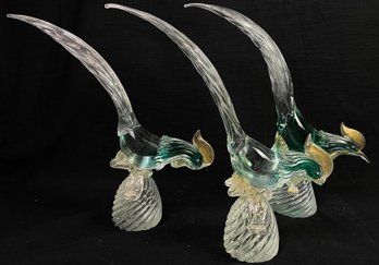 Mid Century Murano Style Art Glass Pheasant Figurine Set