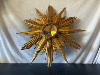 Large Mid Century French Giltwood Sunburst Mirror