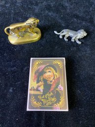 Vintage Lion Figurines And Vintage Miss Piggy Playing Cards