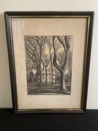 Signed Framed Charcoal Drawing Of A Church Behind Trees