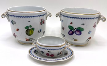 2 Antique Richard Ginori Italian Cache Pots & Matching Bowl & Saucer, Antico Doccia Pattern