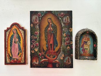 Vintage Hand Painted Religious Wall Hangings Including Our Lady Of Guadalupe