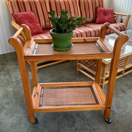 Vintage Pine & Woven Rattan 2-Tier Rolling Bar Cart