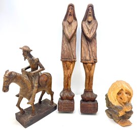 4 Vintage Hand Carved Wood Sculptures: Pair Monks, Spanish Man On Horse & Smoking Troll