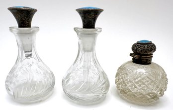 3 Vintage Perfume Bottles With Sterling Silver Tops