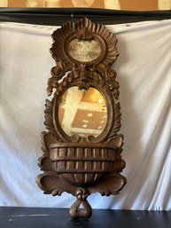 1970s Spanish Heavily Carved French Style Mirror With Wall Pocket / Planter