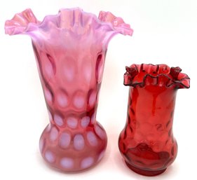 2 Vintage Fenton Art Glass Ruffled Vases: Cranberry & Cranberry Opalescent Coin Dot