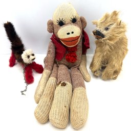 Vintage Sock Monkey, Real Fur Bear & Real Fur Dog Stuffed Animals