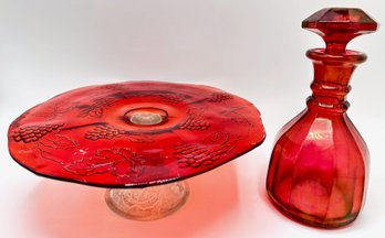 Vintage Ruby Red Glass Cake Stand & Bohemian Ruby Red Decanter