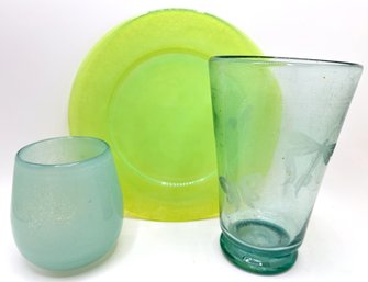 Heavy Glass Vase, Seeded Glass Vase With Etched Butterflies & Glass Serving Platter