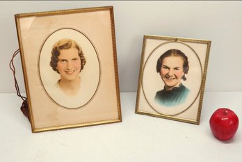 Two Late Deco Era Color Portraits Of Women In Wonderful Vintage Frames