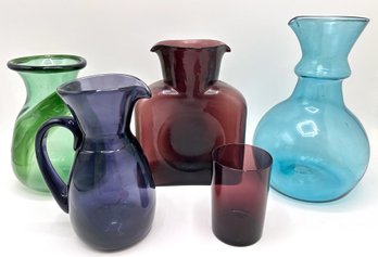 4 Vintage Art Glass Vases, 1 With Matching Cup, Some Signed