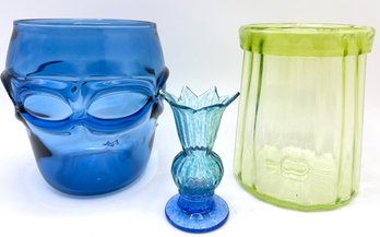 Signed Richard Harkness Blue Art Glass Vase, Green Depression Glass & Bud Vase