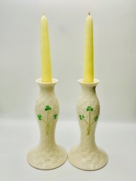 Belleek Ireland Shamrock Basketweave Candlesticks (Pair)