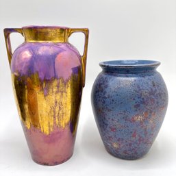 Vintage German Art Nouveau Purple Luster Glaze Vase & Blue Luster Glaze Vase