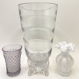 Vintage Large Hand Blown Glass Vase, Milk Glass Ruffle Vase & Hobnail Glass