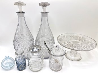 2 Vintage Crystal Decanters, Small Cake Plate, Etched Honey Jar & More