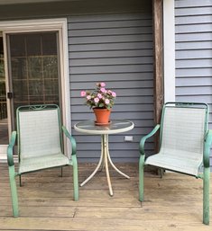 Vintage Green Metal Bistro Set With White Table Having Tempered Glass