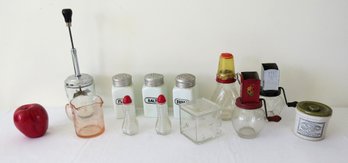 Vintage Kitchen Glass, Pink Depression Measuring Cup, Milk Glass Shakers, Nut Grinders & More