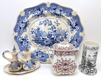 Antique Italian Flower Garden Transferware Large Platter, Maling Oil & Vinegar Set & T&R Boote Teapot & More