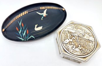 Vintage 1980 Avon Ceramic Trinket Box With Ducks & Hand Painted Wood Basket With Ducks