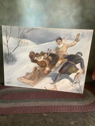 Large Oil On Canvas Of Family Sledding Winter Scene