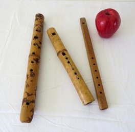 Three Vintage Carved Bamboo Woodwind Instruments / Flutes