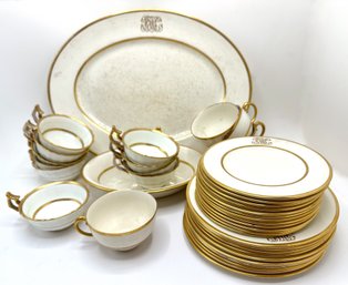 Vintage English China With Gold Accents: Serving Bowl, Dessert Plates, Salad Plates & Tea Cups In 2 Sizes