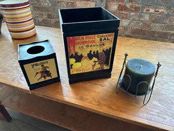 3 Pc. Matching Trash Basket, Tissue Box And Candleholder With Candle