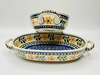 Set Of 2 Vintage Polish Pottery Oval Serving Bowls