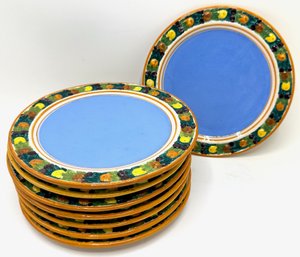 8 Vintage Italian Majolica Plates In French Blue With Fruit Borders