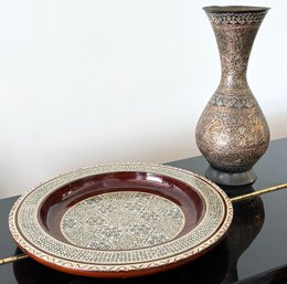A Grenadine Mother Of Pearl Inlay Platter And An Iranian Brass Vase
