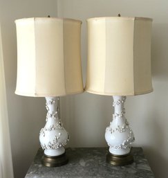 Matching Pair Mid-century Floral White Ceramic Table Lamps